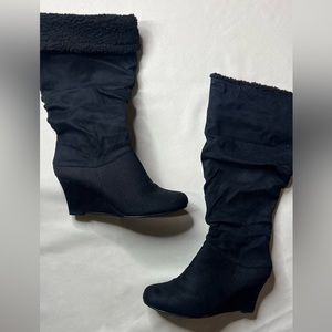 Black Suede Wedge Heeled Boot Lined with Sherpa
